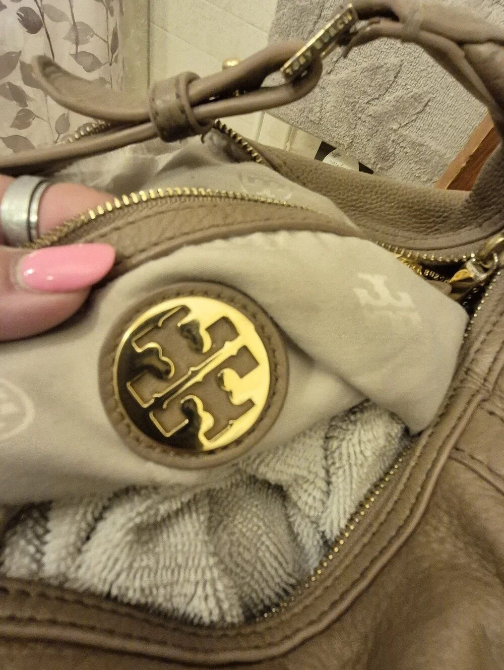Tory Burch Taupe Pebbled Leather Hobo with Gold Logo Medallion